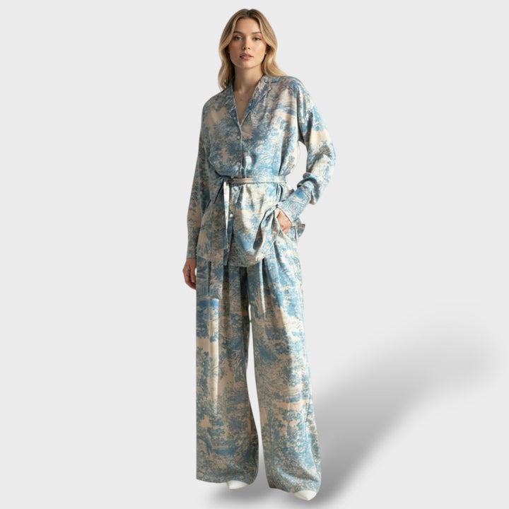 Conjunto Estampado Mujer con Corbata y Pantalón de Pierna Ancha