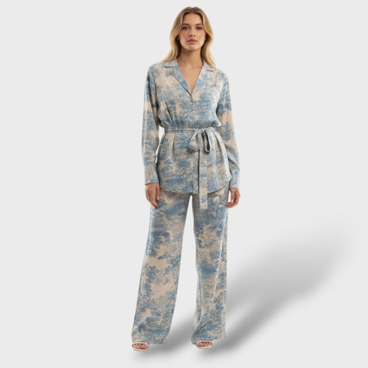 Conjunto Estampado Mujer con Corbata y Pantalón de Pierna Ancha