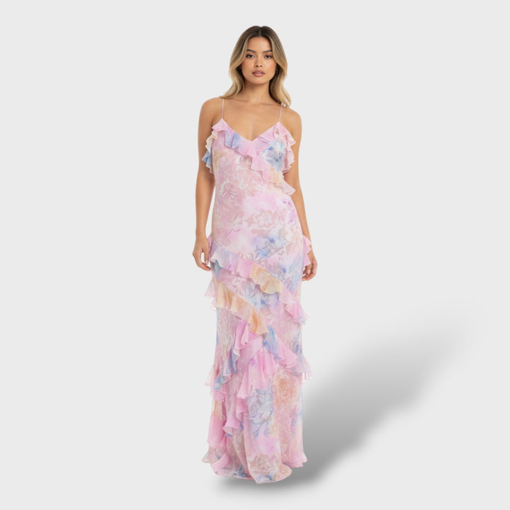 Vestido largo con volantes y espalda abierta