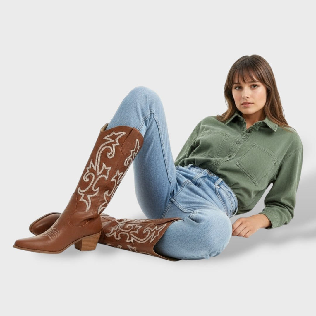 Botas Cowboy Mujer Altas Bordadas – Tacón Grueso