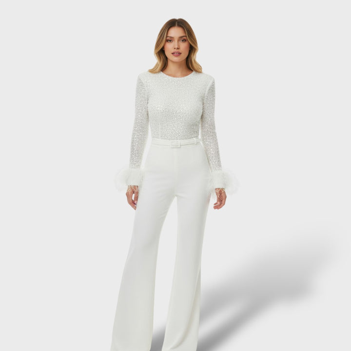 Mono Elegante con Lentejuelas y Plumas Mujer