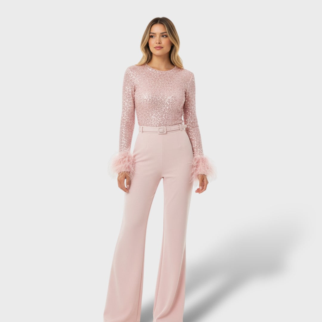 Mono Elegante con Lentejuelas y Plumas Mujer