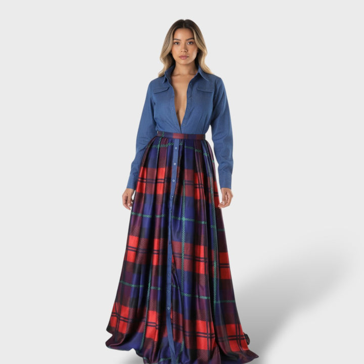 Vestido Largo Elegante Patchwork Rojo Mujer