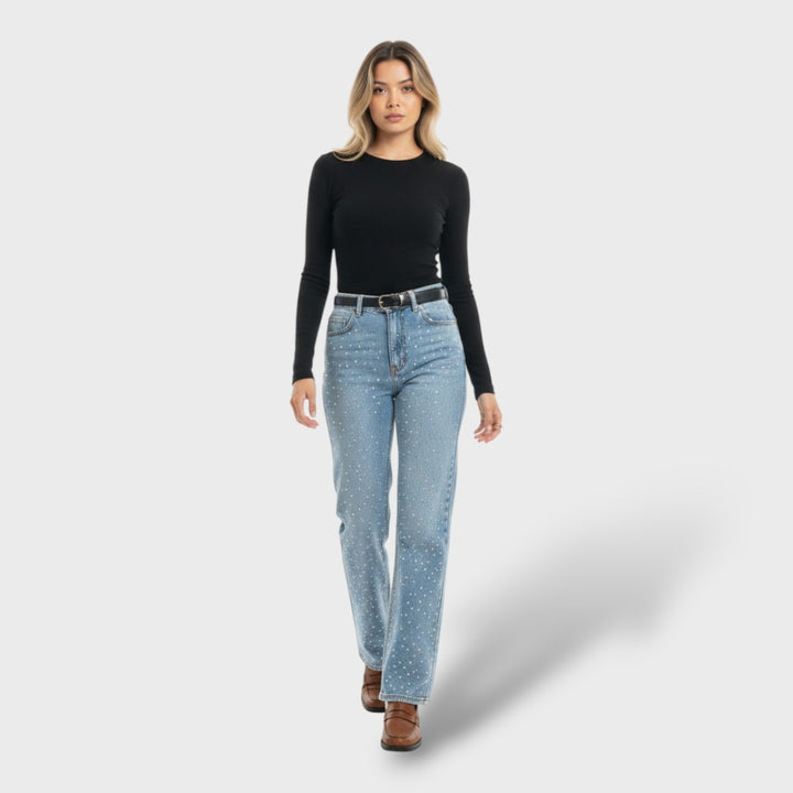 Pantalones Rectos Talle Alto Diamanté