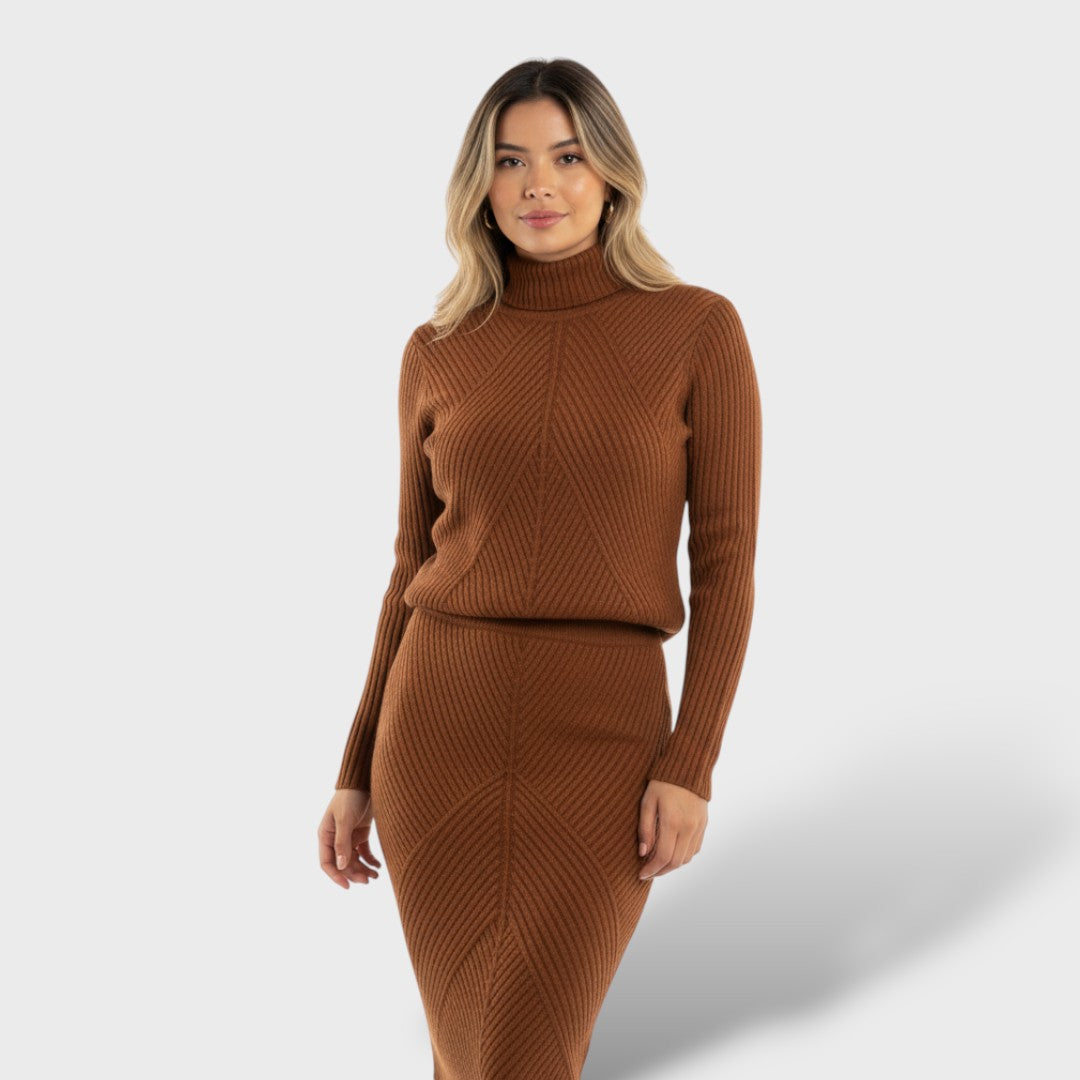 Conjunto de Punto con Jersey de Cuello Alto y Falda Ajustada