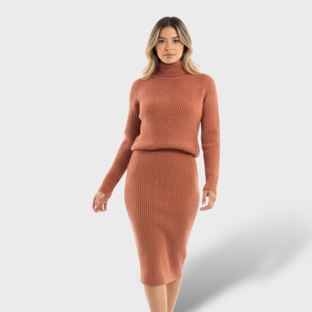 Conjunto de Punto con Jersey de Cuello Alto y Falda Ajustada