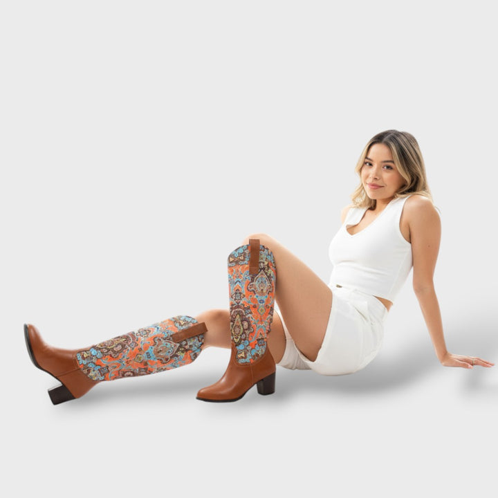 Botas Mujer Altas Florales Tacón Cuadrado