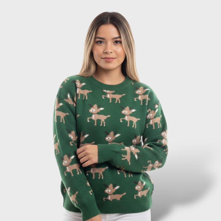 Suéter Navideño con Diseño de Reno y Estilo Divertido