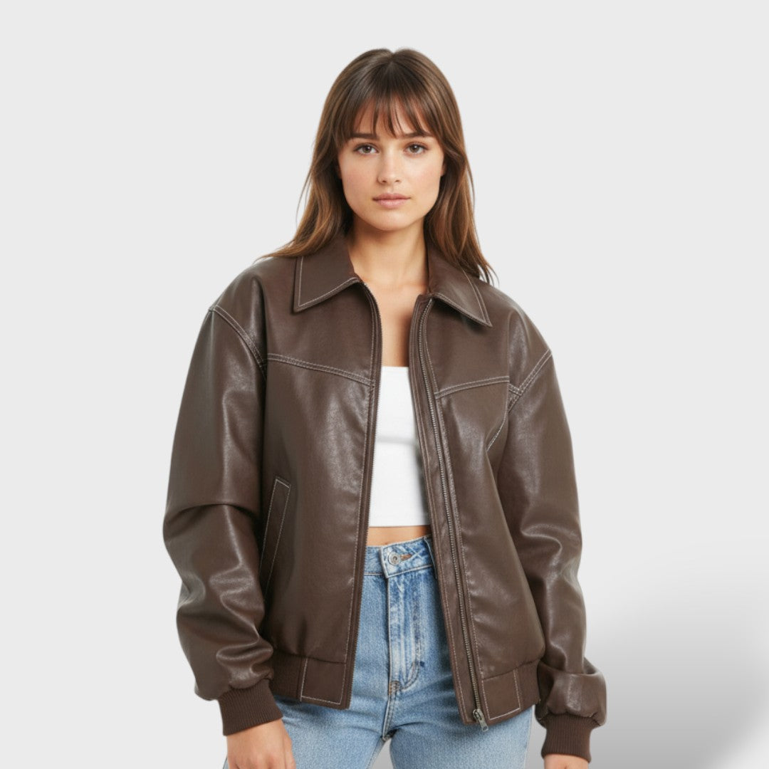 Bomber de Cuero Mujer Estilo Retro