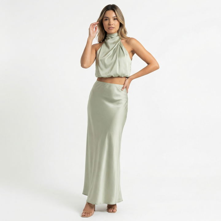 Vestido Conjunto Largo Elegante Satinado