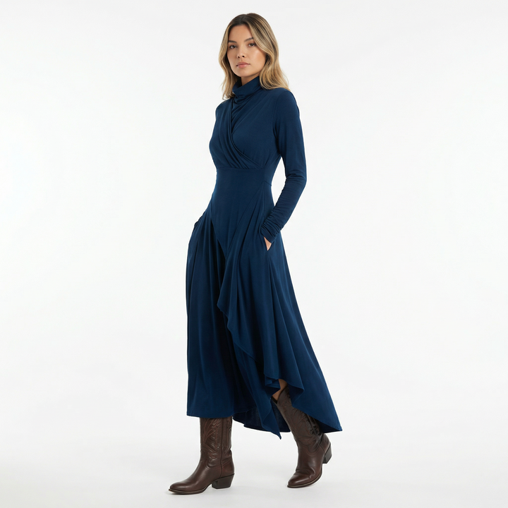 Vestido Largo Asimétrico Cuello Alto