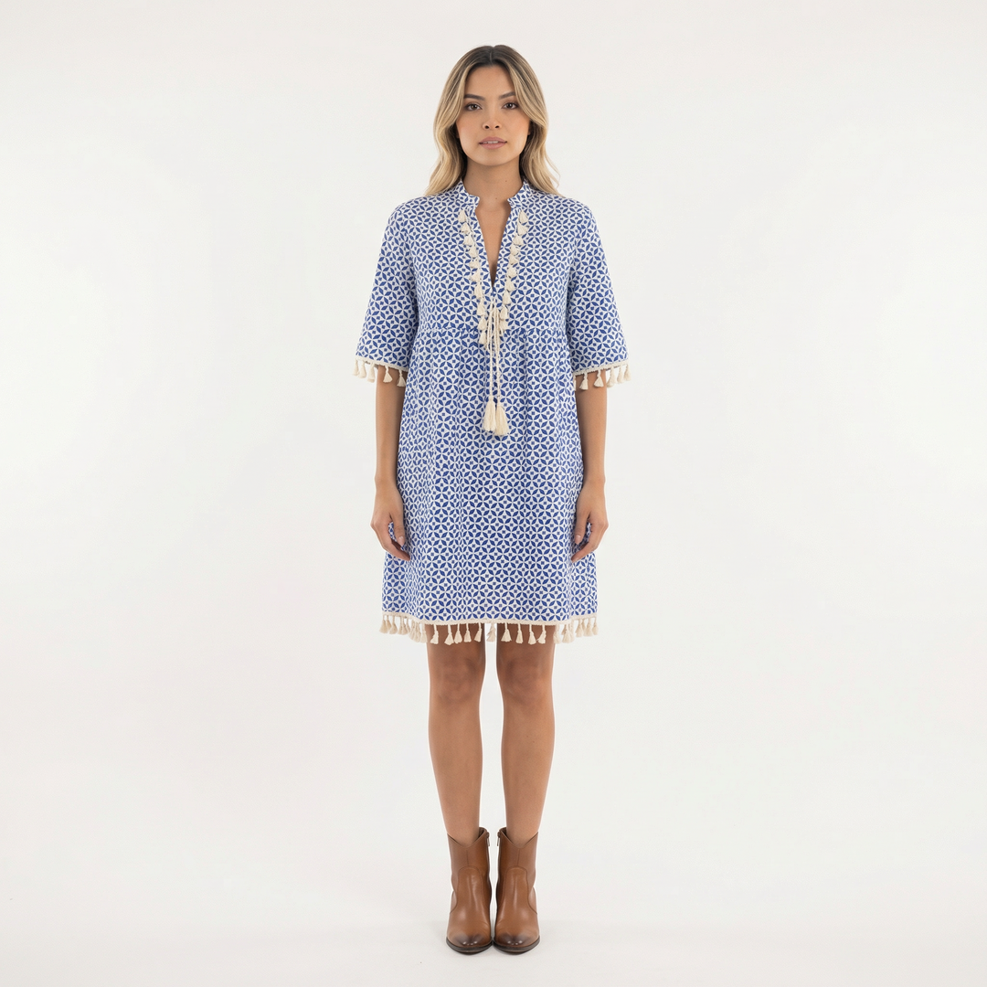 Vestido Corto Estampado con Borlas