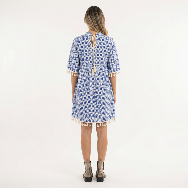 Vestido Corto Estampado con Borlas