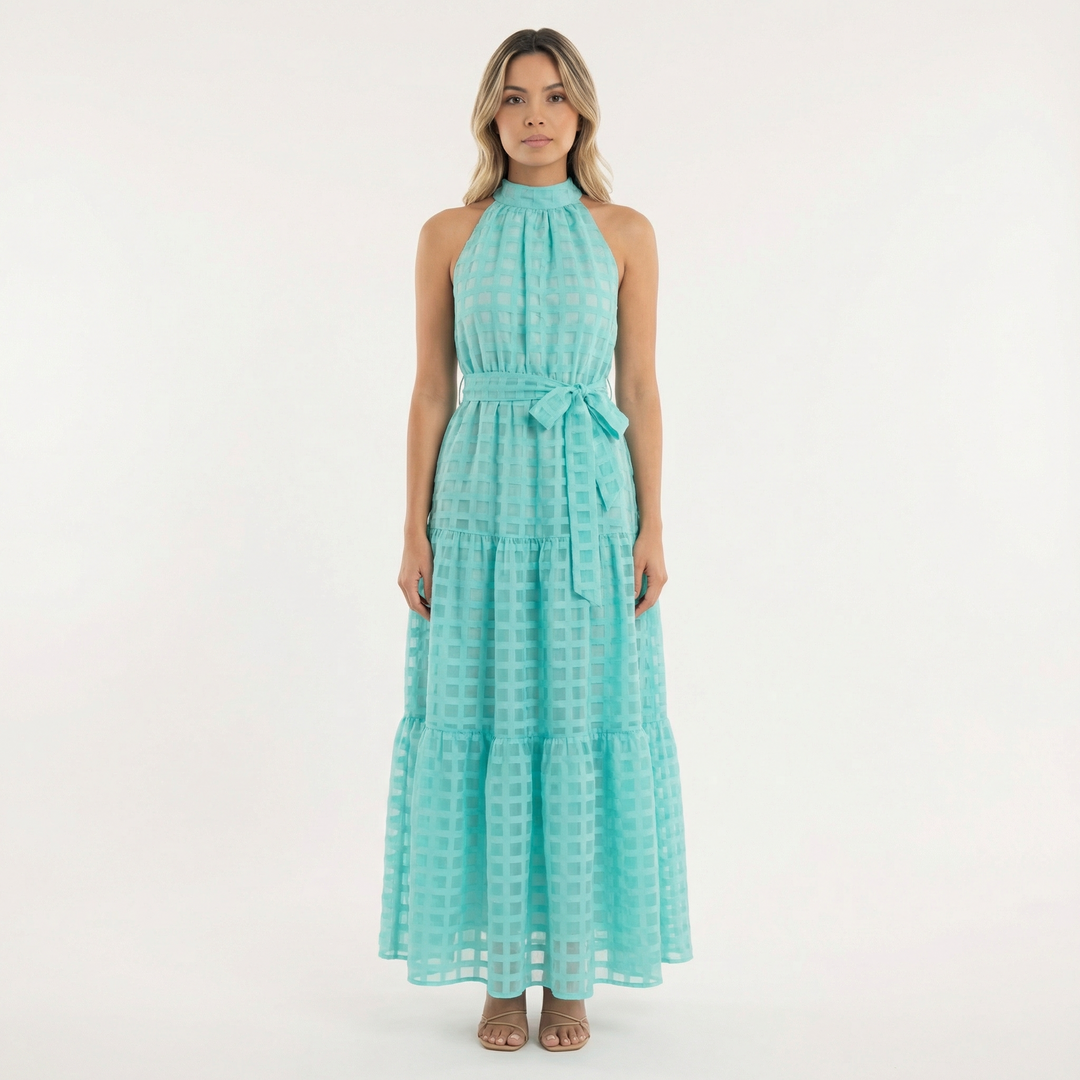 Vestido Largo Halter Azul Elegante