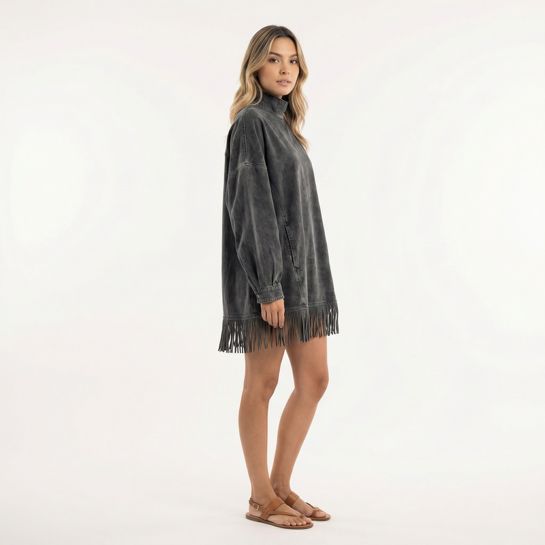 Vestido Corto Antelina con Flecos