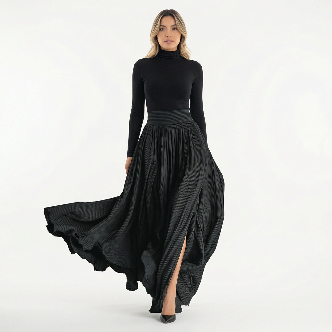 Vestido Largo Plisado Cuello Alto