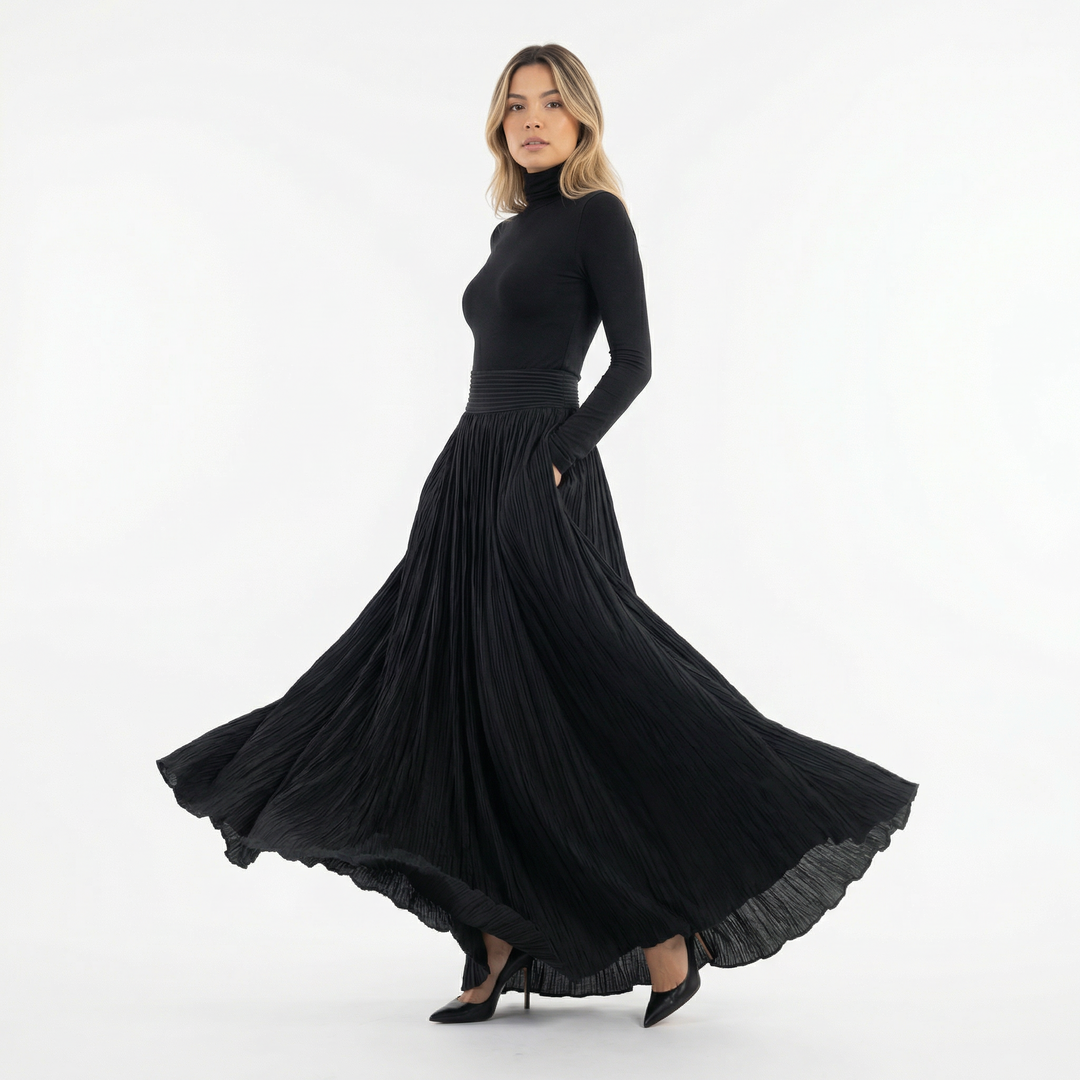 Vestido Largo Plisado Cuello Alto