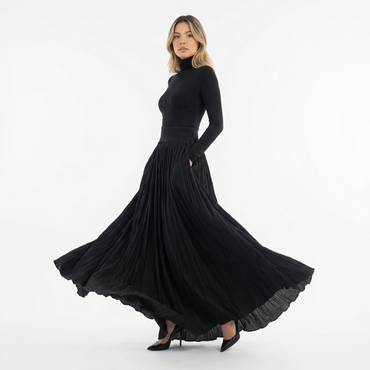 Vestido Largo Plisado Cuello Alto