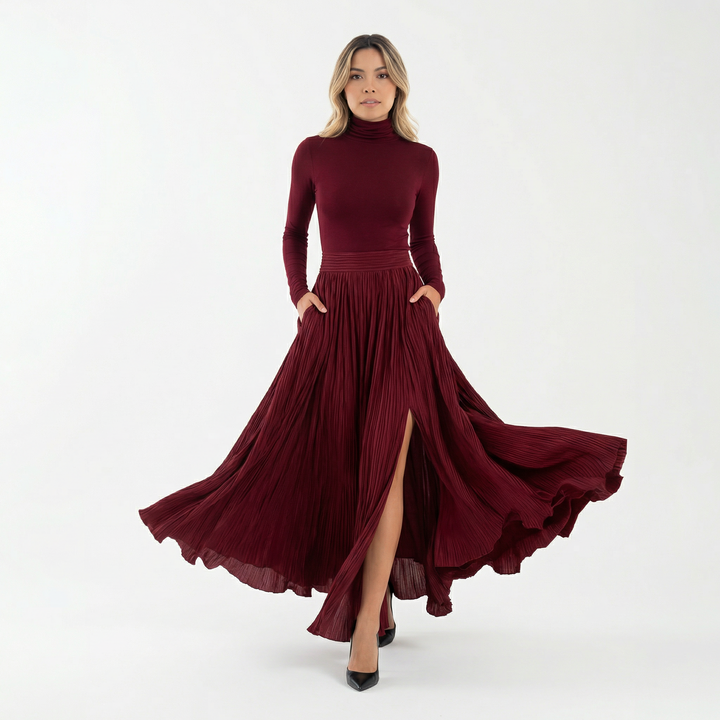 Vestido Largo Plisado Cuello Alto