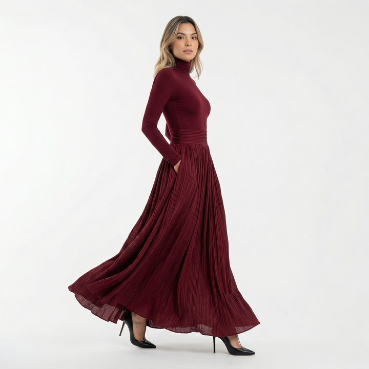 Vestido Largo Plisado Cuello Alto