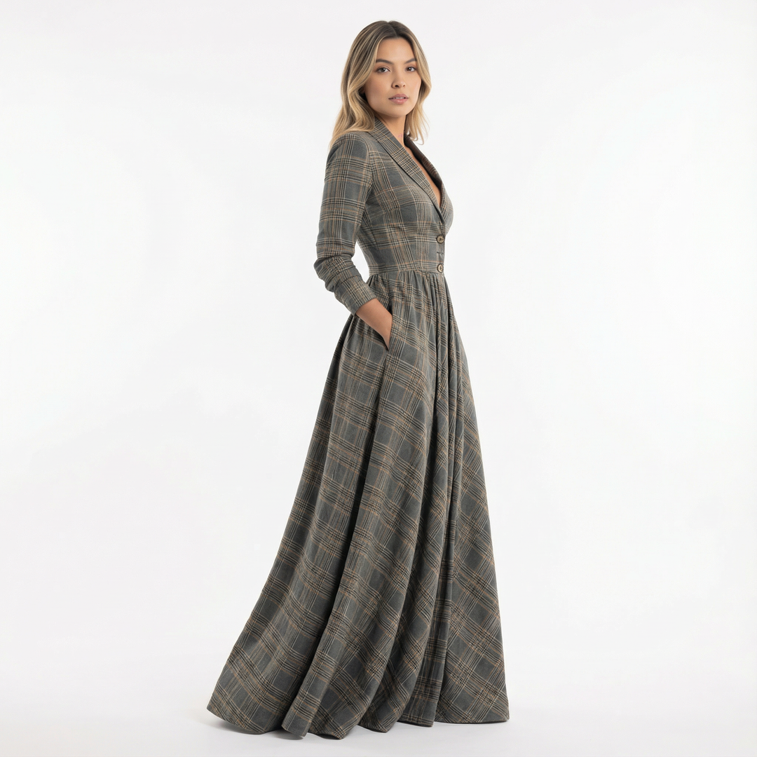 Vestido Largo Cuadros Elegante Mujer