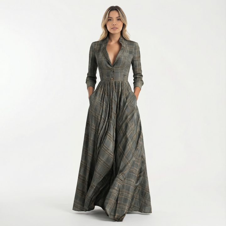 Vestido Largo Cuadros Elegante Mujer