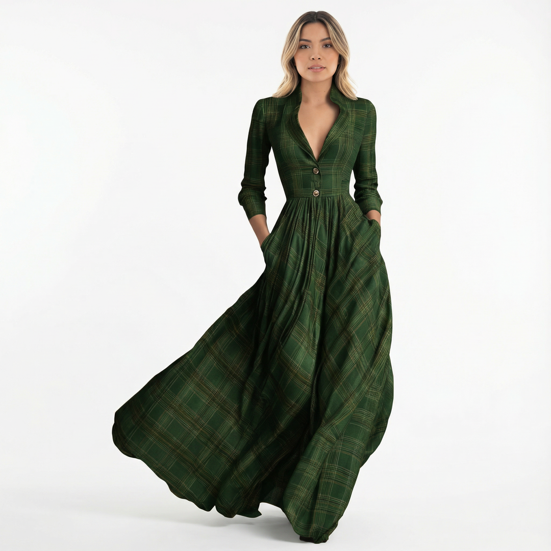 Vestido Largo Cuadros Elegante Mujer