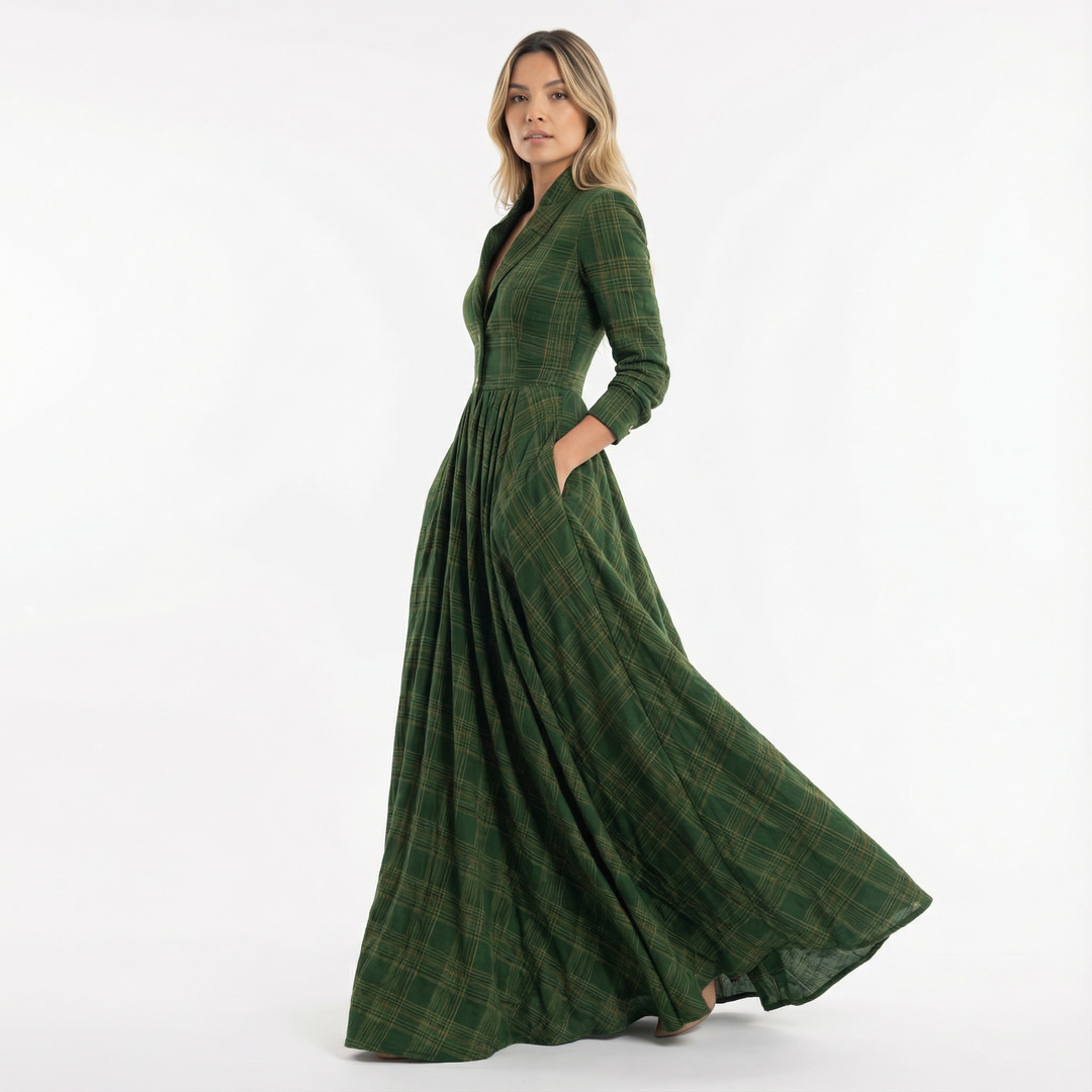 Vestido Largo Cuadros Elegante Mujer