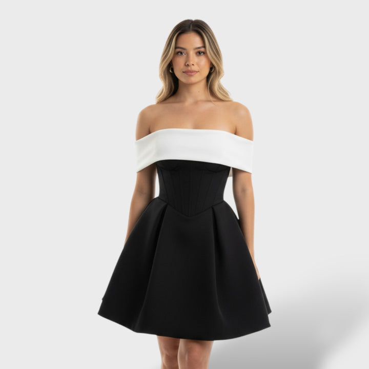 Vestido mini formal bicolor con hombros descubiertos y lazo
