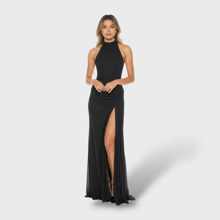 Vestido Largo Elegante con Cuello Alto y Abertura Lateral