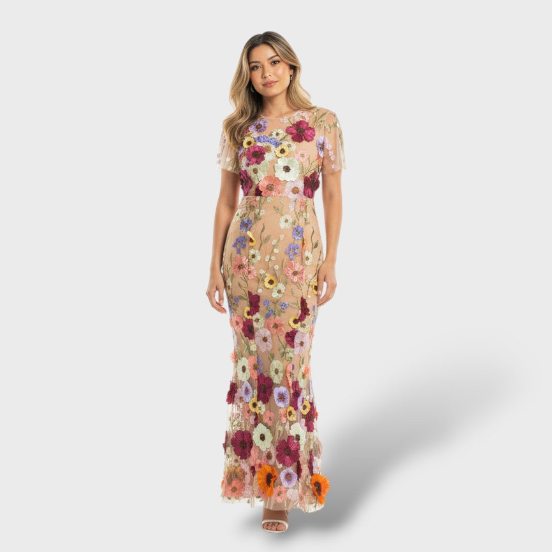 Vestido Largo de Encaje con Bordado Floral