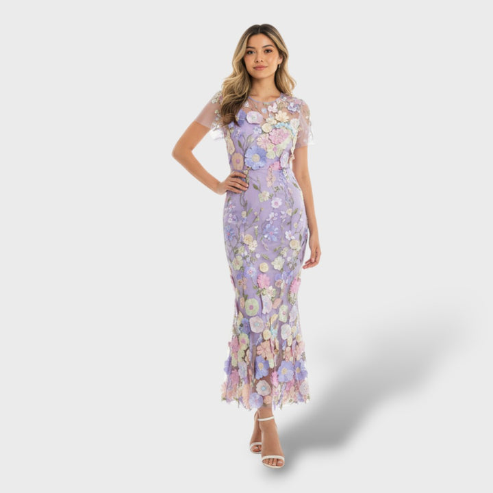 Vestido Largo de Encaje con Bordado Floral