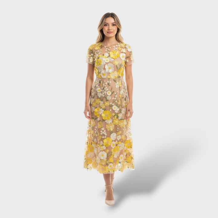 Vestido Largo de Encaje con Bordado Floral