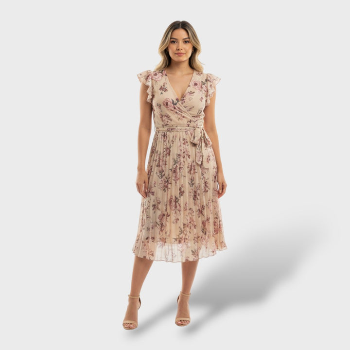 Vestido Midi Floral Cruzado con Cinturón Lazo