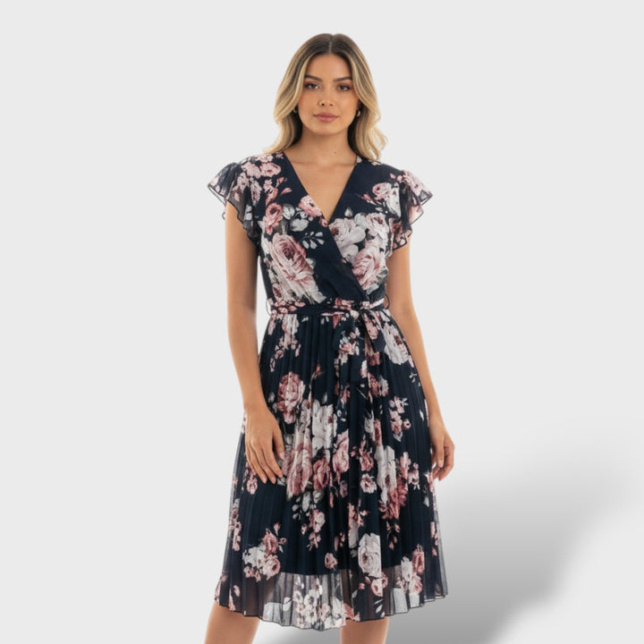 Vestido Midi Floral Cruzado con Cinturón Lazo