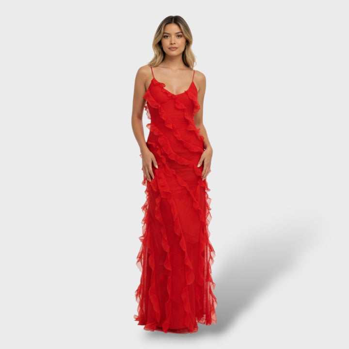 Vestido Largo de Gasa con Volantes y Espalda Abierta