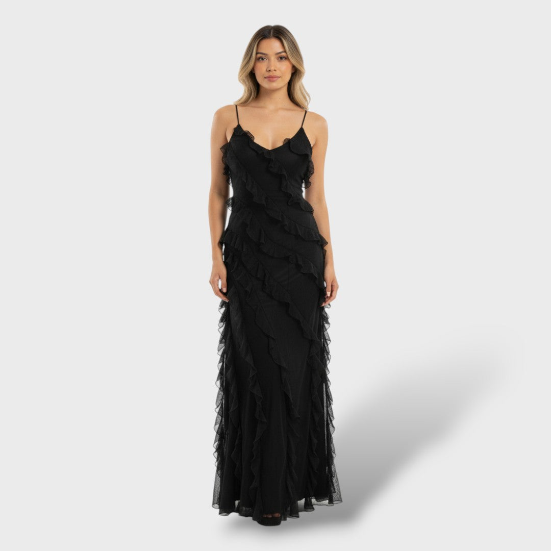 Vestido Largo de Gasa con Volantes y Espalda Abierta