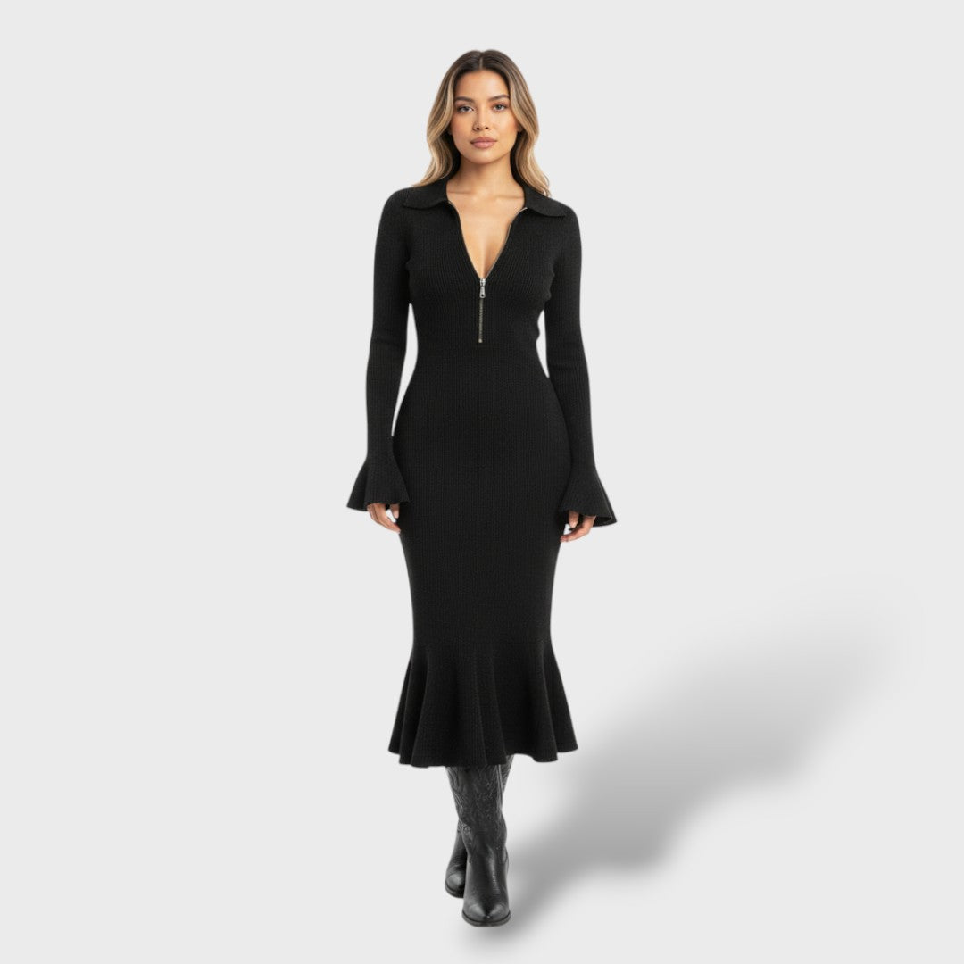 Vestido Midi Punto Cuello Cremallera
