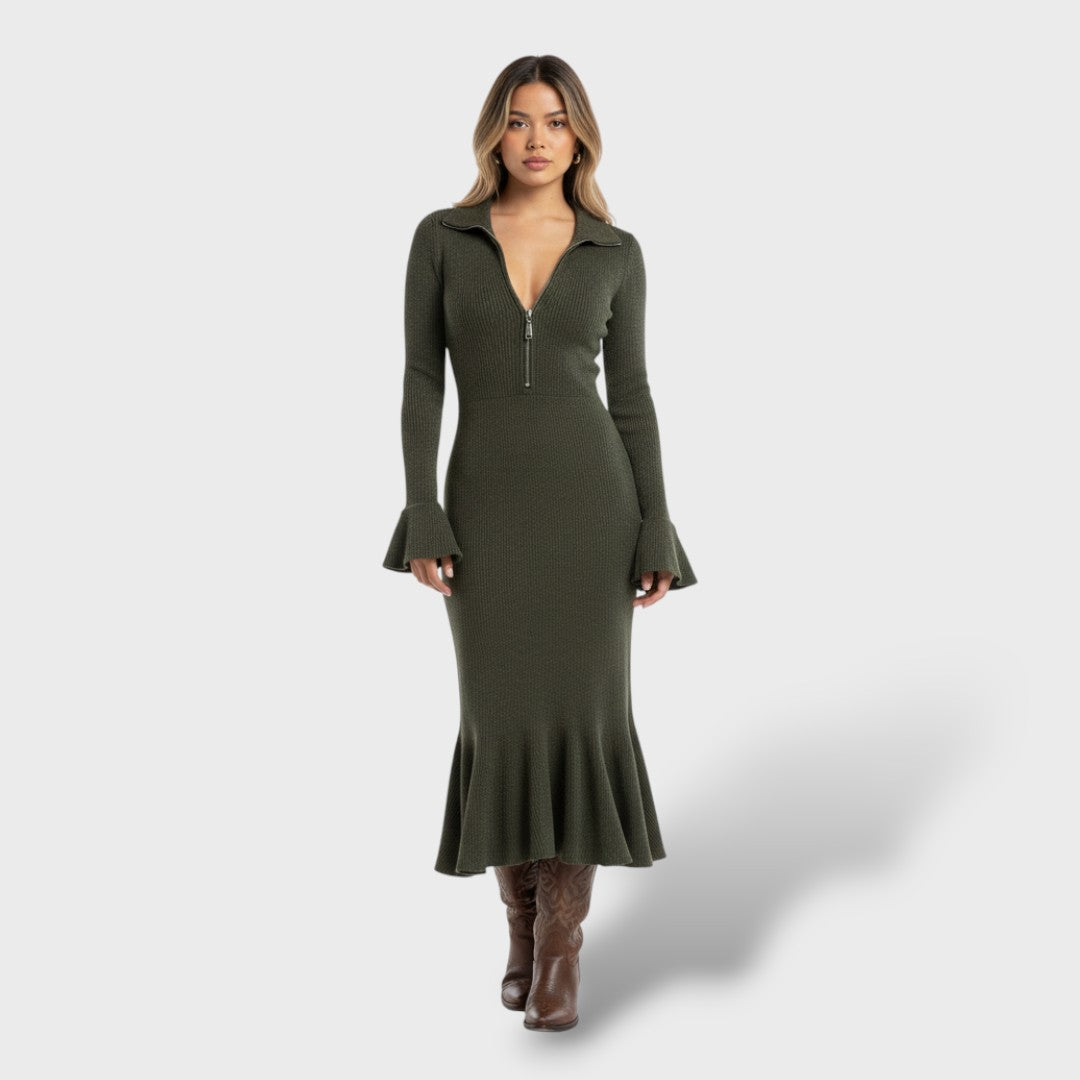 Vestido Midi Punto Cuello Cremallera