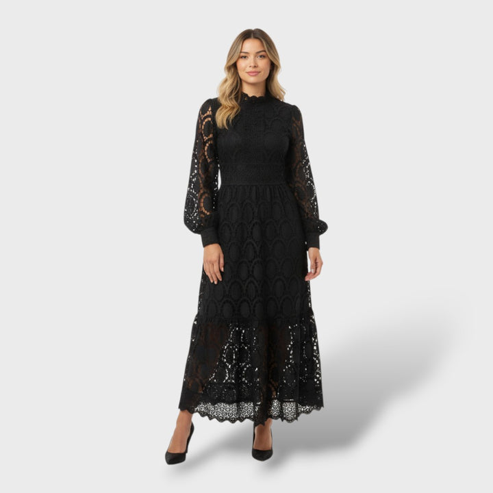 Vestido de Encaje con Mangas Abullonadas y Cuello Alto