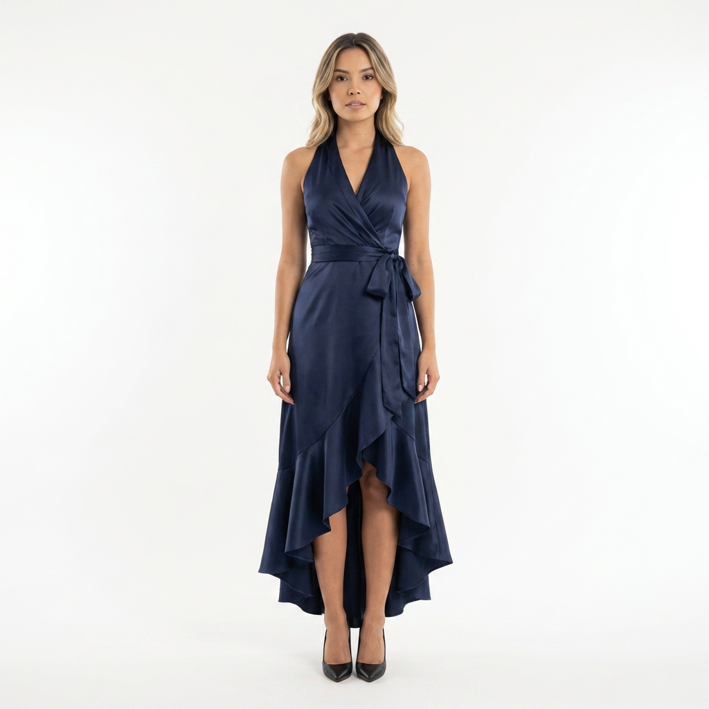 Vestido Midi Satén Azul Noche Halter