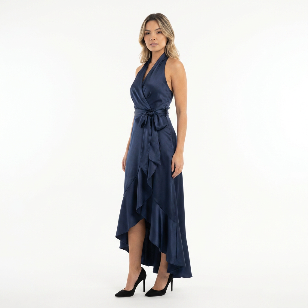 Vestido Midi Satén Azul Noche Halter
