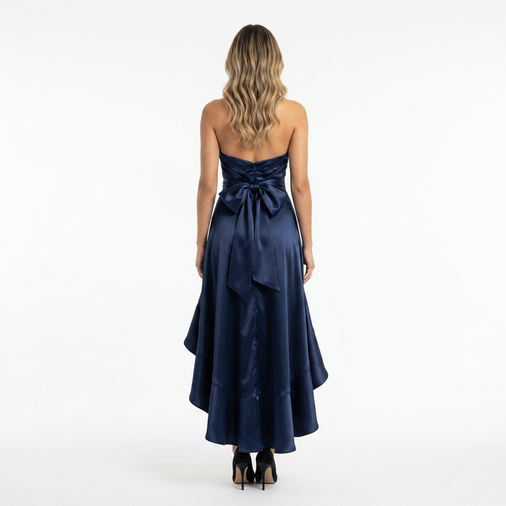 Vestido Midi Satén Azul Noche Halter