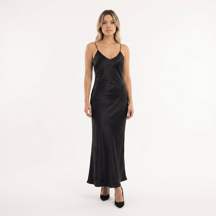 Vestido largo satén espalda abierta