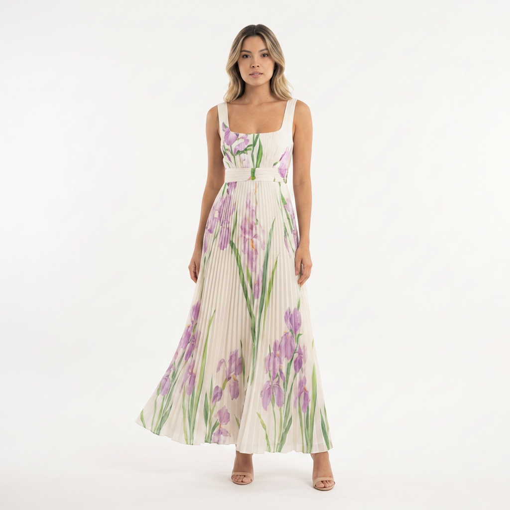 Vestido largo plisado floral mujer