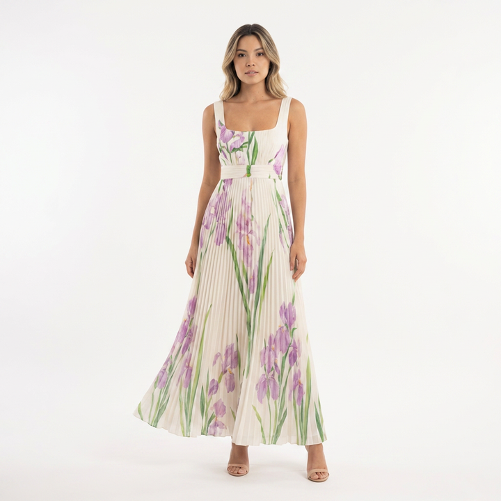 Vestido largo plisado floral mujer
