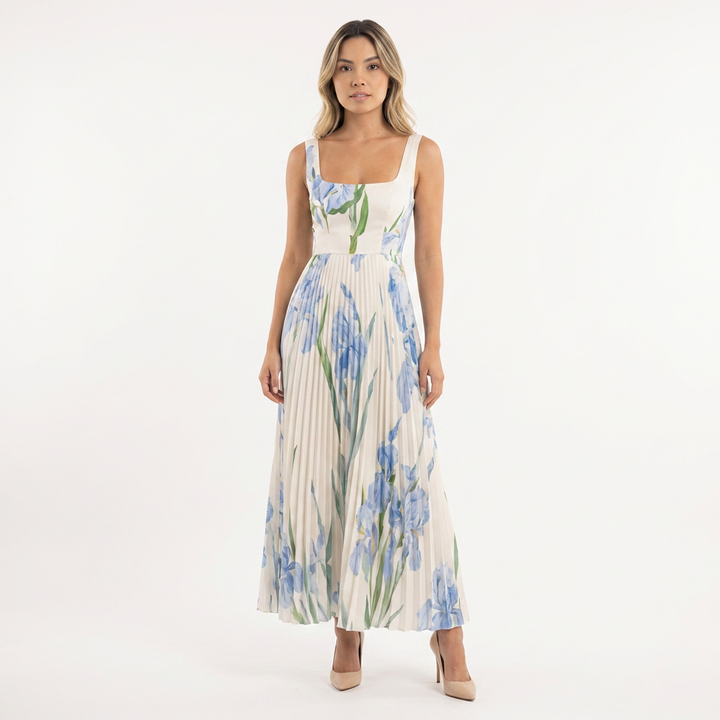 Vestido largo plisado floral mujer