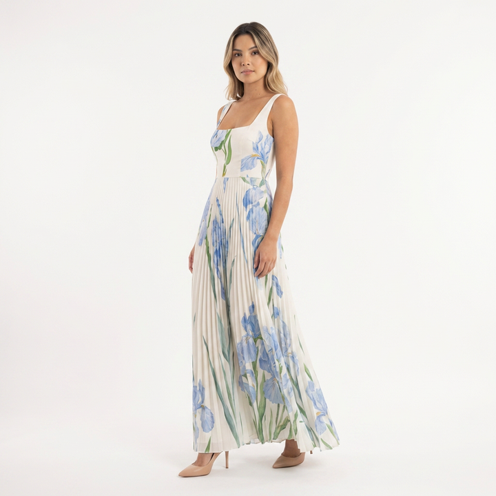 Vestido largo plisado floral mujer