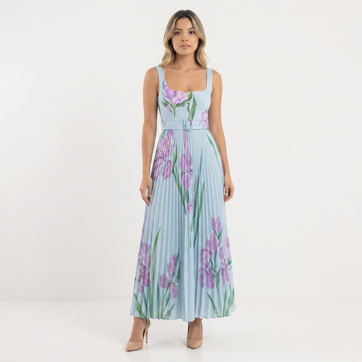 Vestido largo plisado floral mujer