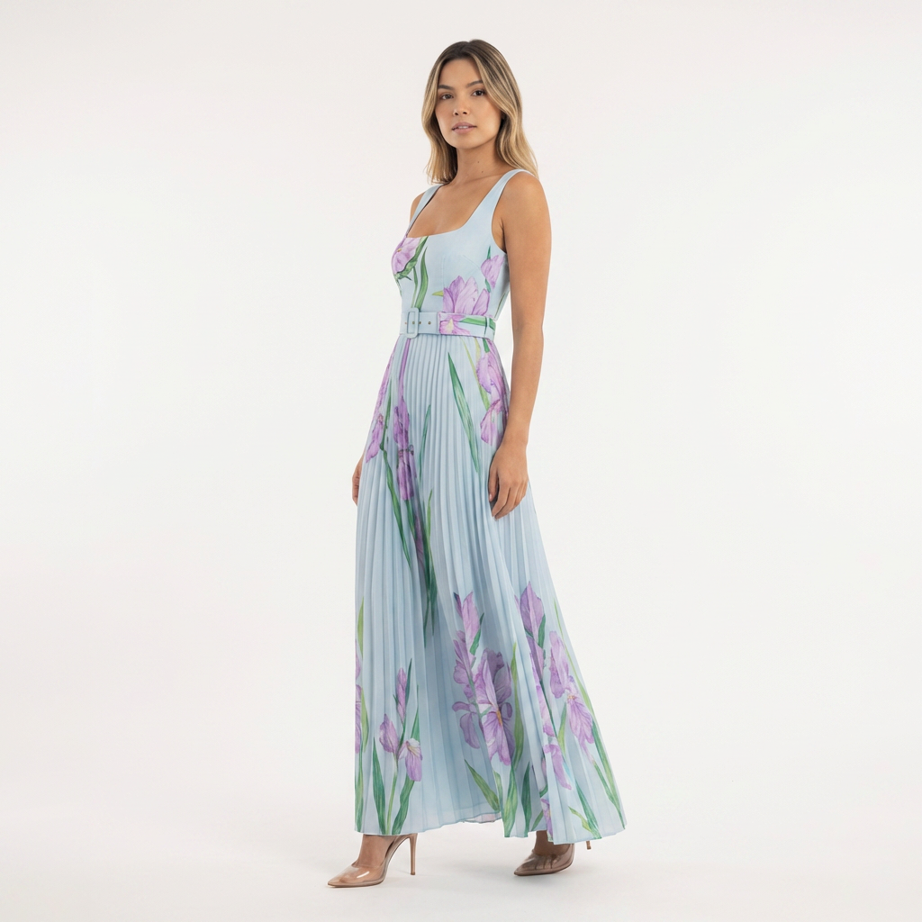 Vestido largo plisado floral mujer